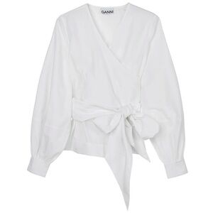 NWT GANNI Bright White Poplin Kimono-Style Cotton Wrap Blouse Shirt Top EU 34/XS